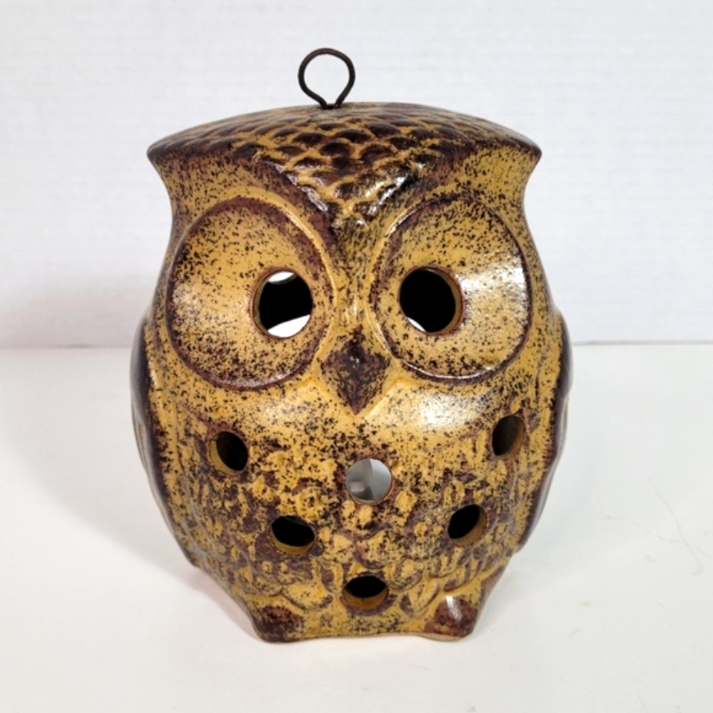 Vintage Ceramic Owl Lantern Tealight Candleholder w Loop for Hanging 1970s